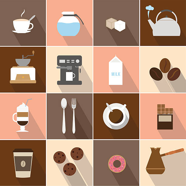 평편 디자인식 커피 아이콘 세트 - latté cookie cappuccino coffee crop stock illustrations