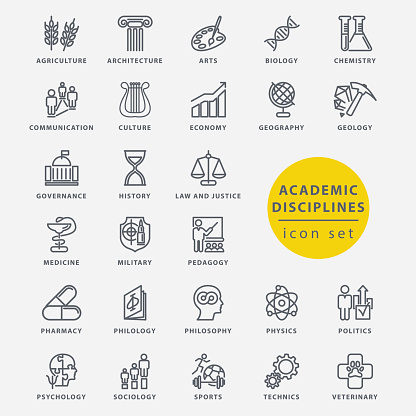Academic disciplines isolated icon set, vector illustration