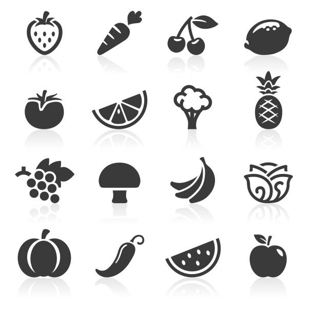 illustrazioni stock, clip art, cartoni animati e icone di tendenza di frutta e cuoio al camoscio conciati icone - frutta immagine