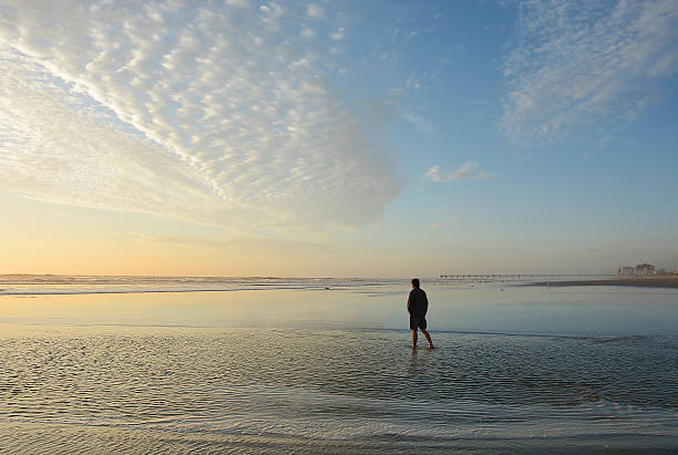 istock Man walking and relaxing on the beach at sunrise. 530938058