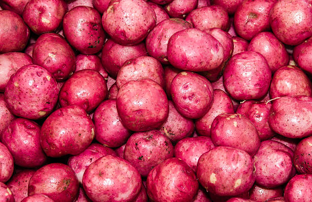 batata-roxa em exibição no farmer's market - red potato raw potato market red - fotografias e filmes do acervo