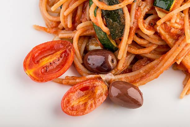 Top angle view of a plate of Italian spaghetti pasta