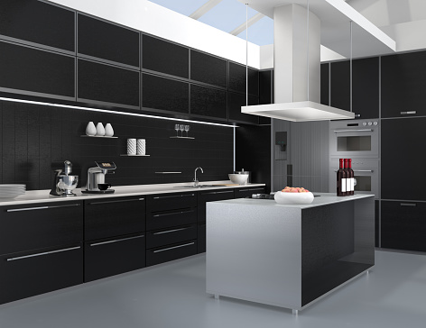 Modern kitchen interior with smart appliances in black color coordination. 3D rendering image.