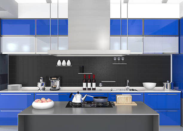 istock Modern kitchen interior with smart appliances in blue color coordination 530944790