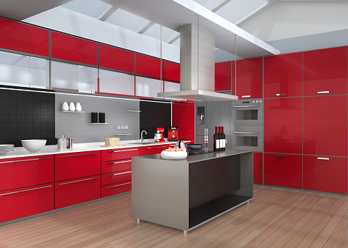 Modern kitchen interior with smart appliances in red color coordination. 3D rendering image.