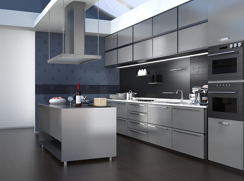 Modern kitchen interior with smart appliances in silver color coordination. 3D rendering image.