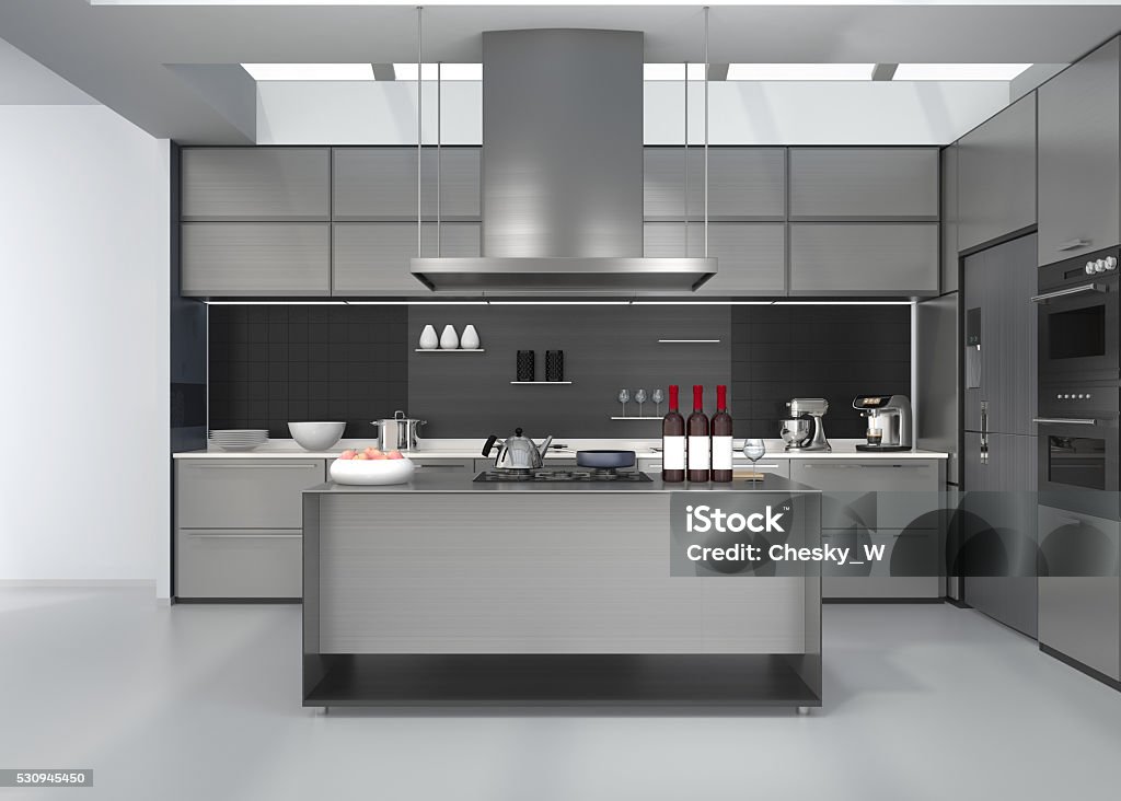 Modern kitchen interior with smart appliances in silver color coordination Modern kitchen interior with smart appliances in silver color coordination. 3D rendering image. Apartment Stock Photo