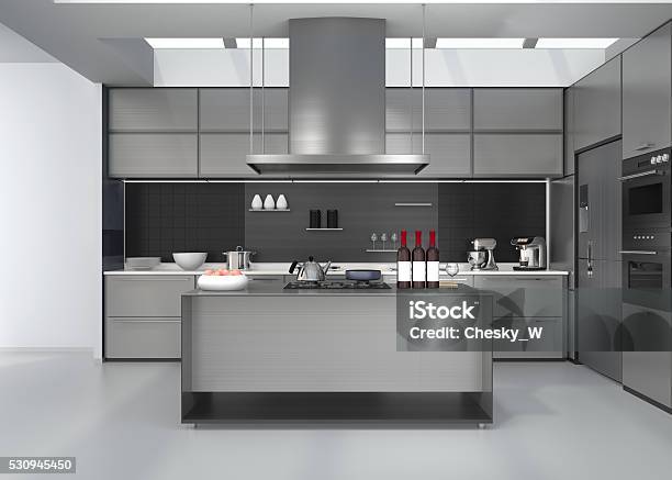 Modern Kitchen Interior With Smart Appliances In Silver Color Coordination Stock Photo - Download Image Now