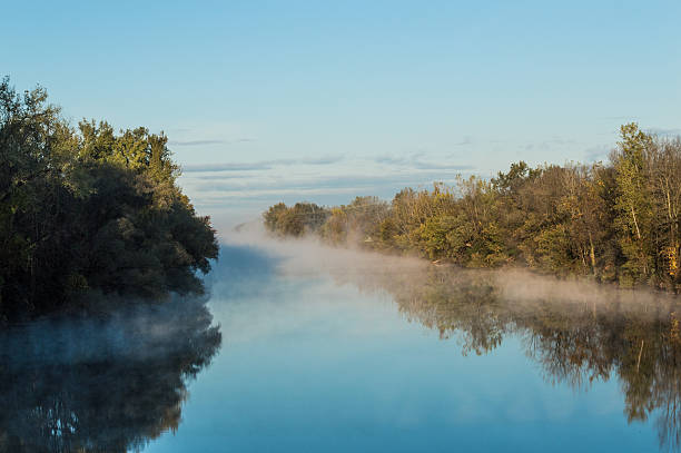 Morning Fog on the Erie Canal Gorgeous blue sky, sunny and yet foggy on the Erie erie canal stock pictures, royalty-free photos & images