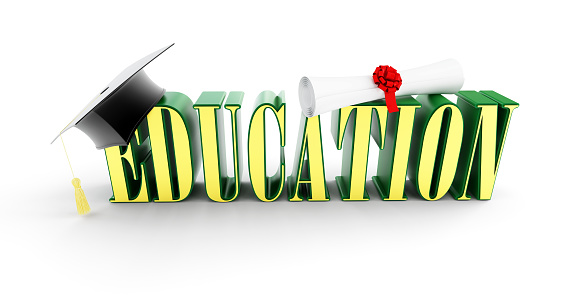 education and graduation cap on a white background