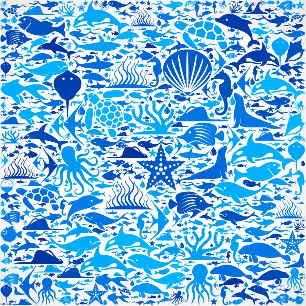 Vector illustration of Ocean and Marine Life Blue Icon Pattern
