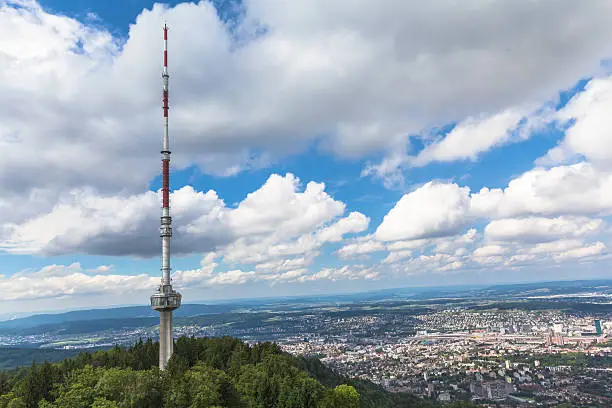 Television tower on top of uetliberg and the aerial view of  Zurich city