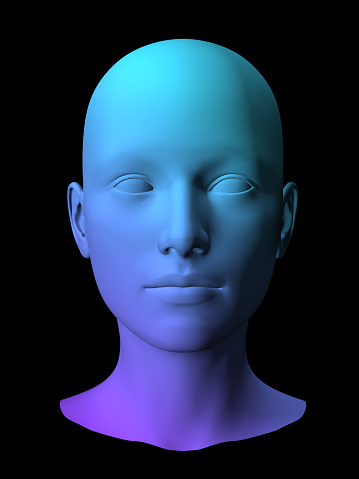 colorful 3D female face model on black background.