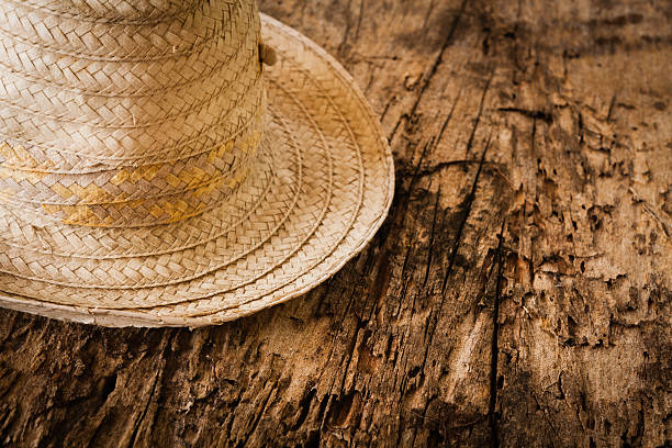istock Bamboo-striped hat on old cracked wood 530957767