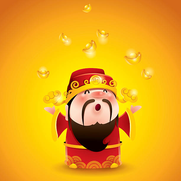 illustrazioni stock, clip art, cartoni animati e icone di tendenza di dio cinese della ricchezza. cubi oro bullions. - chinese ethnicity god chinese new year luck