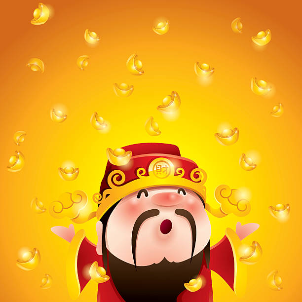 illustrazioni stock, clip art, cartoni animati e icone di tendenza di dio cinese della ricchezza. cubi oro bullions. - chinese ethnicity god chinese new year luck