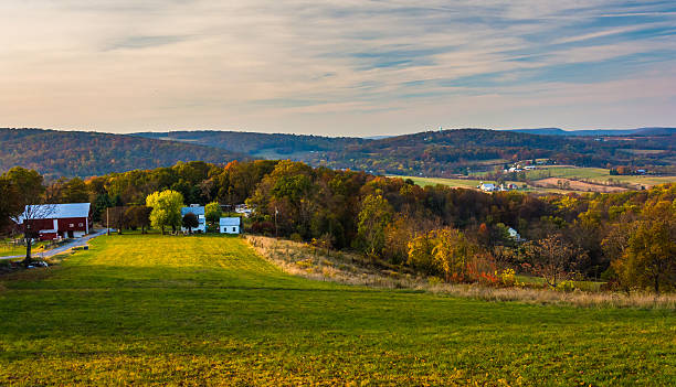 View of rolling hills in rural Frederick County, Maryland. stock photo