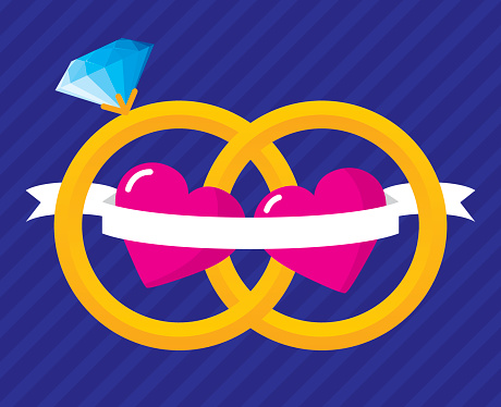 Vector illustration of two flat style wedding rings interlocked with hearts and a banner running between the two.