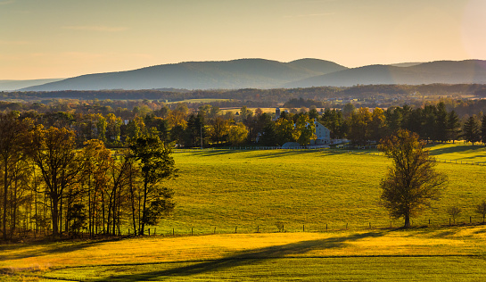 View of farm fields and distant mountains from Longstreet Observation Tower in Gettysburg, Pennsylvania.