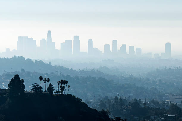 Downtown Los Angeles with misty morning smoggy fog.