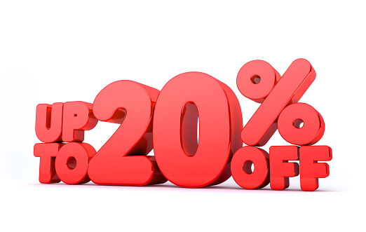 Up to 20% off 3D renderred word isolated in white background for discount and sale