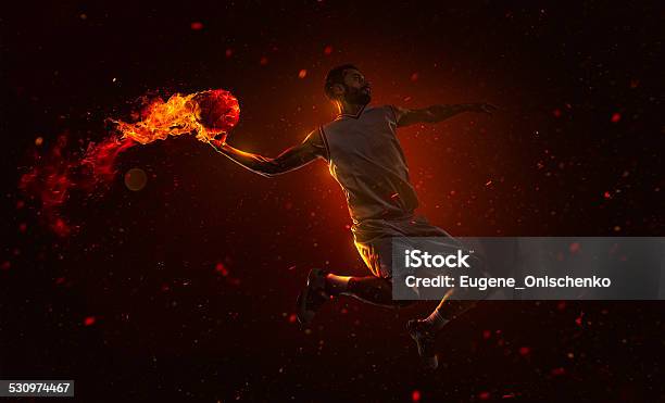 Professional Basketball Player With Fireball Stock Photo - Download Image Now - Activity, Adult, Basketball - Sport