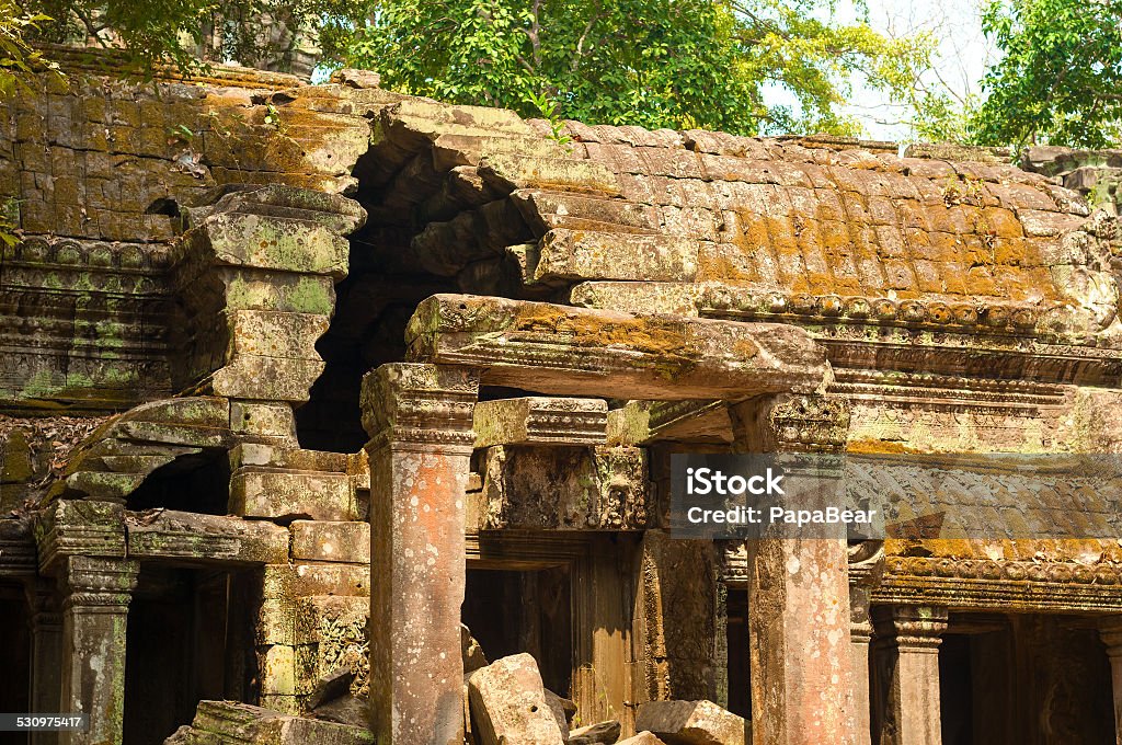 Temple deterioration Deterioration of the Ta Prohm temple at Angkor Wat, Cambodia 2015 Stock Photo