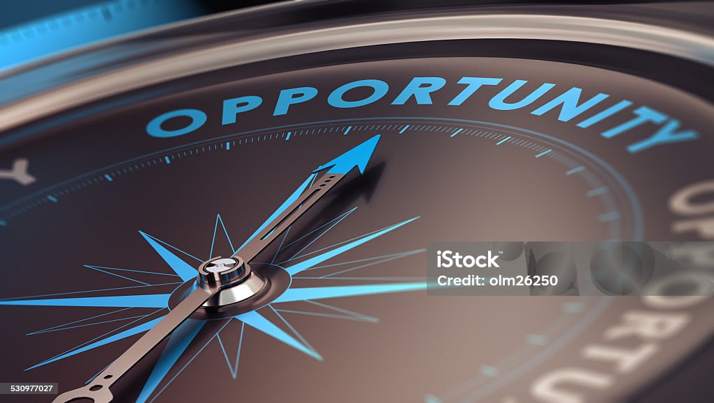 Business Opportunity Compass with needle pointing the word opportunity, concept image to illustrate business opportunities and strategy. Opportunity Stock Photo