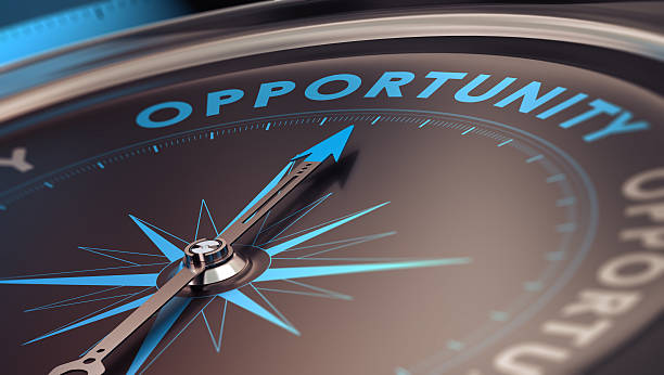 Business Opportunity Compass with needle pointing the word opportunity, concept image to illustrate business opportunities and strategy. development stock pictures, royalty-free photos & images