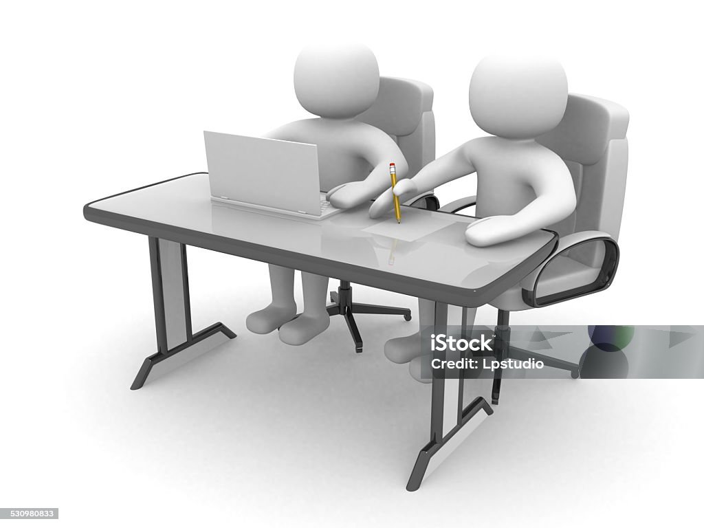 3d man - people and a laptop at a office 3d man - people and a laptop at a office. Business partners. 3d render 2015 Stock Photo