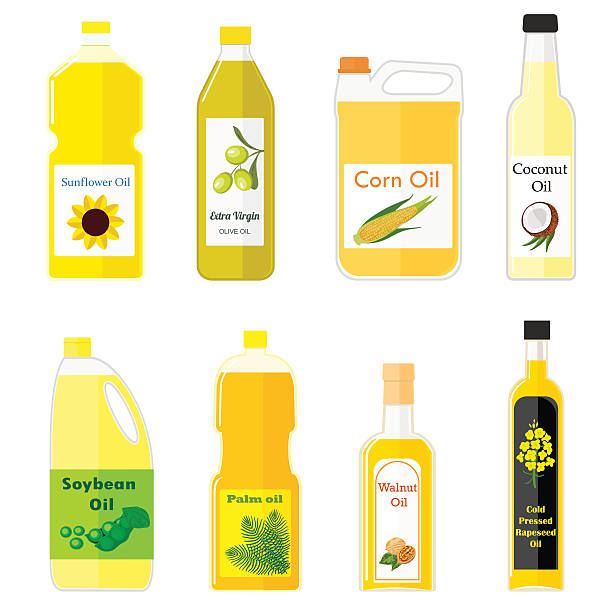 stockillustraties, clipart, cartoons en iconen met group bottles of oil for frying - canola olie