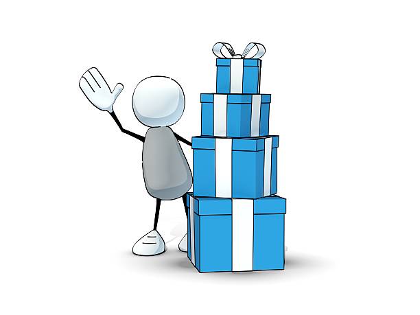 little sketchy man with a pile of blue gift-boxes
