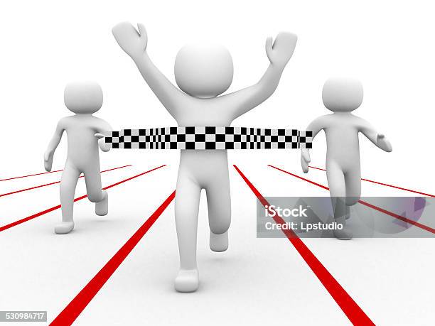 3d Winner Man On A Finish Line Stock Photo - Download Image Now - 2015, Achievement, Adult