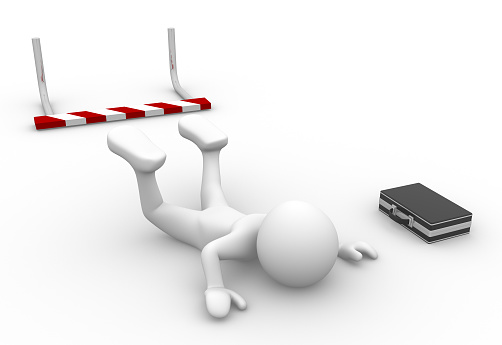 3d people - man, person failing to jump over a hurdle obstacle. Businessman defeated