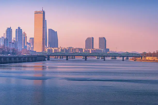 Sunset at Seoul City and Hanriver in Seoul, South korea.