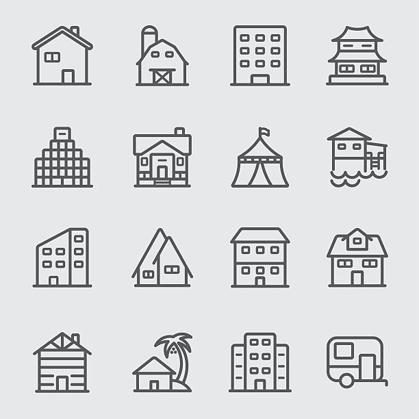 ilustrações de stock, clip art, desenhos animados e ícones de ícone de linha de alojamento - casas de madeira modernas