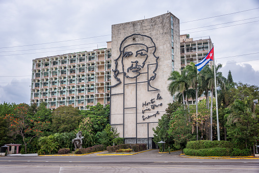 Havana, Cuba - April 17, 2016: Ministry of the Interior building with face of Che Guevara located in Revolution Square, in Havana, Cuba
