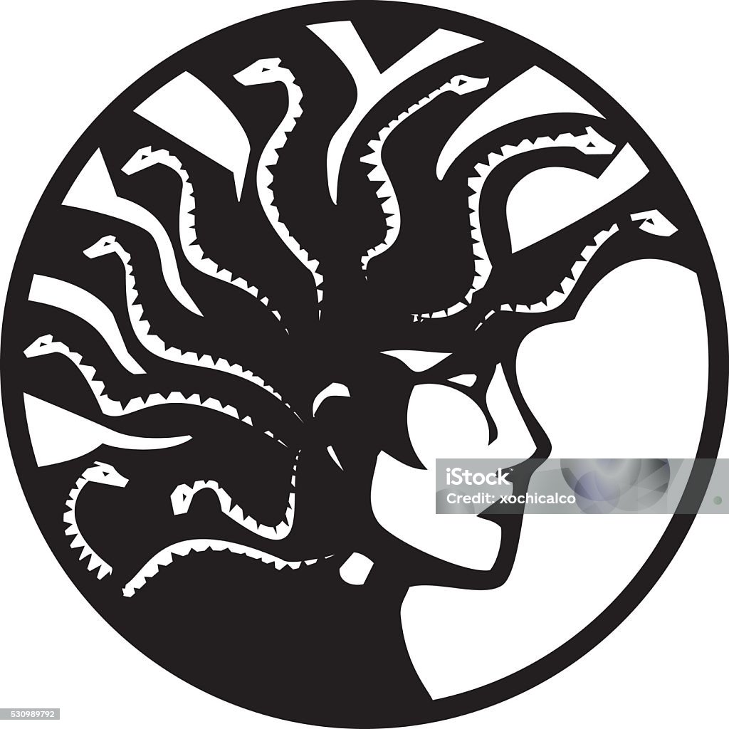Medusa With Mohawk Woodcut style mythical Greek medusa with a Mohawk on circle Medusa stock vector