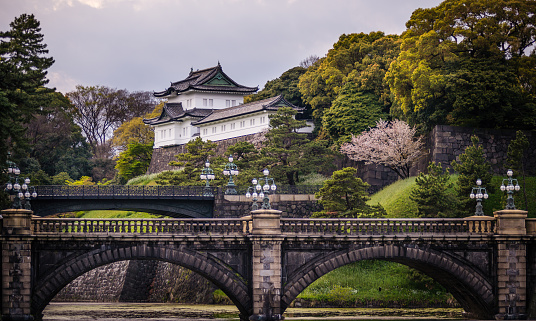 Tokyo, Japan - April 11, 2015: View of the Imperial palace in Tokyo, Japan with the Seimon Ishibashi bridge in the foreground