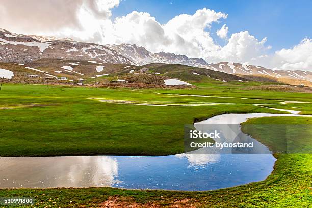 Meandering Waters In The Snowy Mountains Stock Photo - Download Image Now - Horizontal, No People, Outdoors