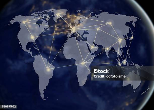 Network And World Map Networking Concept Stock Photo - Download Image Now - Globe - Navigational Equipment, Global Communications, Global