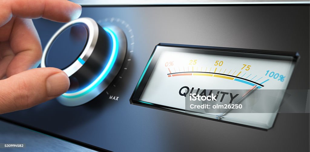 Total Quality Management, TQM Image compositing between photography and 3D background. Hand turning a knob with a dial on the right side, blur effect. Concept of TQM, Total Quality Management or improvement. Quality Control Stock Photo