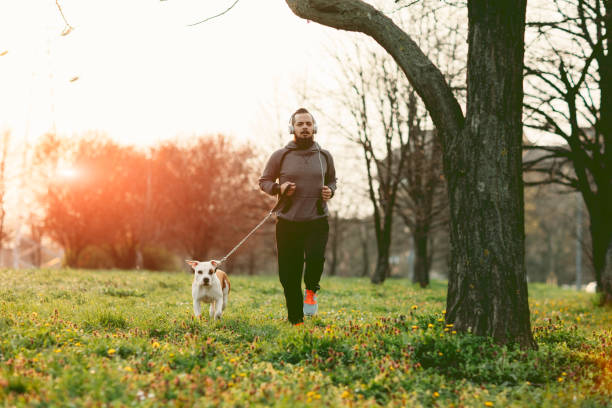 hombre con su perro para trotar. - male dog fotografías e imágenes de stock