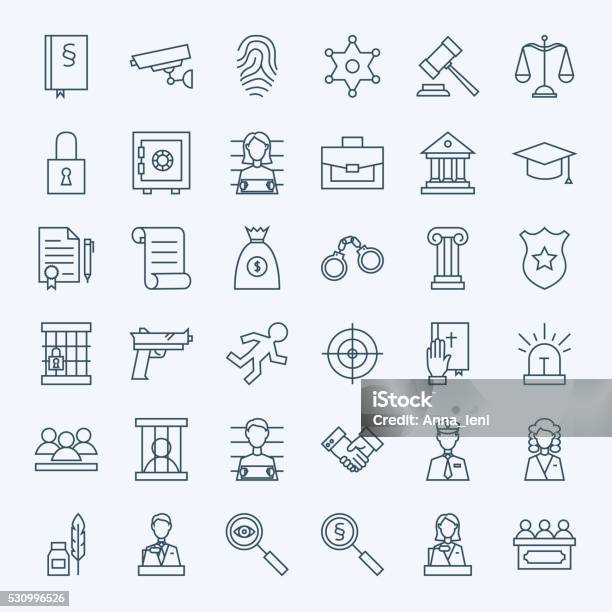 Line Lawyer Attorney And Crime Icons Set Stock Illustration - Download Image Now - Icon Symbol, Police Force, Balance