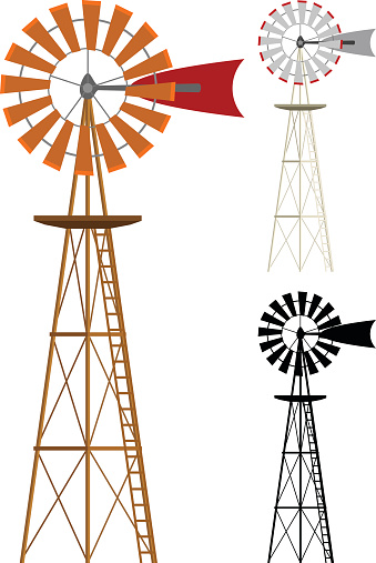 Vector illustration of a windmill in two color variations and silhouette. Illustration uses no gradients, meshes or blends, only solid color. Each windmill is on its own layer, easily separated from the others in program like Illustrator, etc. Both .ai and AI8-compatible .eps formats are included, along with a high-res .jpg, and a high-res .png with transparent background.