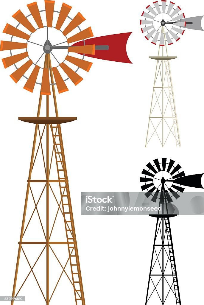 Windmills Vector illustration of a windmill in two color variations and silhouette. Illustration uses no gradients, meshes or blends, only solid color. Each windmill is on its own layer, easily separated from the others in program like Illustrator, etc. Both .ai and AI8-compatible .eps formats are included, along with a high-res .jpg, and a high-res .png with transparent background. Windmill stock vector