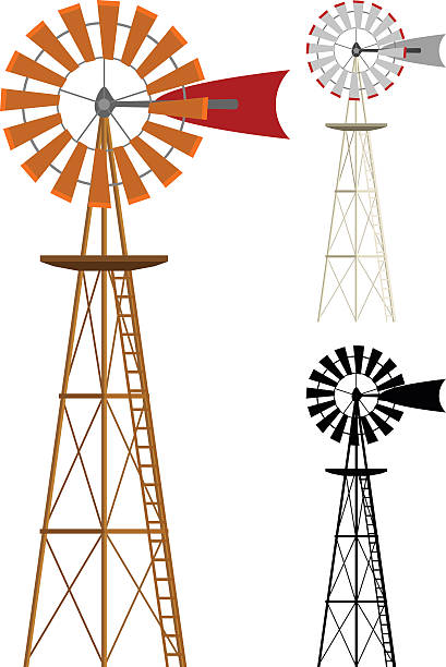 Windmills Vector illustration of a windmill in two color variations and silhouette. Illustration uses no gradients, meshes or blends, only solid color. Each windmill is on its own layer, easily separated from the others in program like Illustrator, etc. Both .ai and AI8-compatible .eps formats are included, along with a high-res .jpg, and a high-res .png with transparent background. mill stock illustrations
