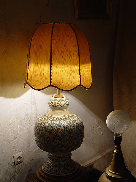 istock Lamp with the lamp shade about an old wall. Evening twilight 530998084