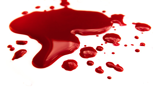 Blood stains (puddle) isolated on white background close up, horizontal
