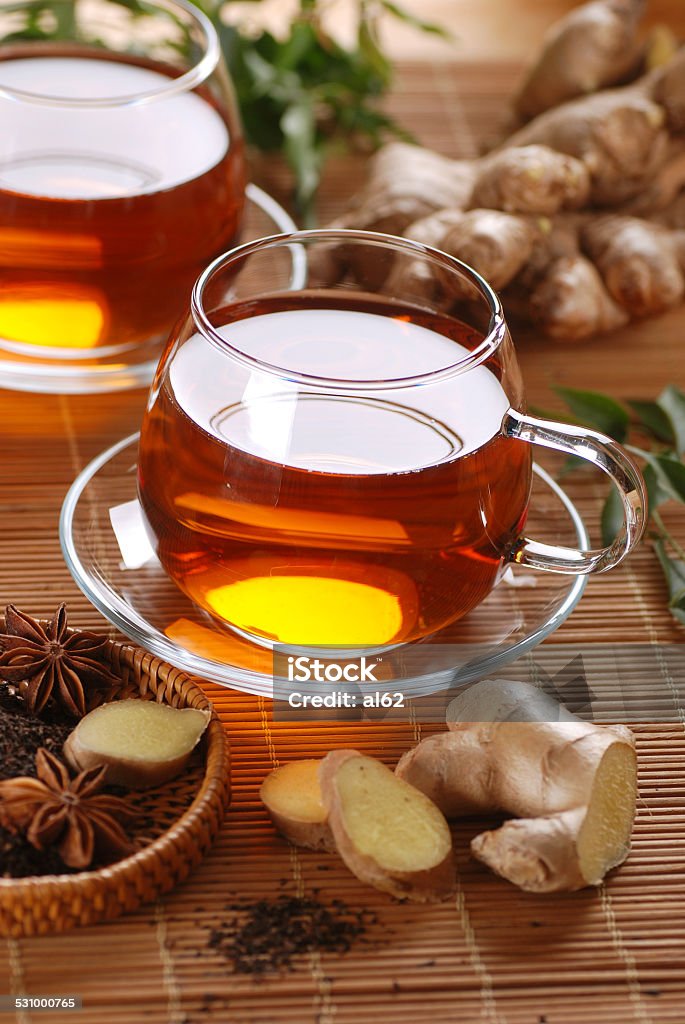ginger tea in glass cup ginger tea in glass cup with ingredients around 2015 Stock Photo